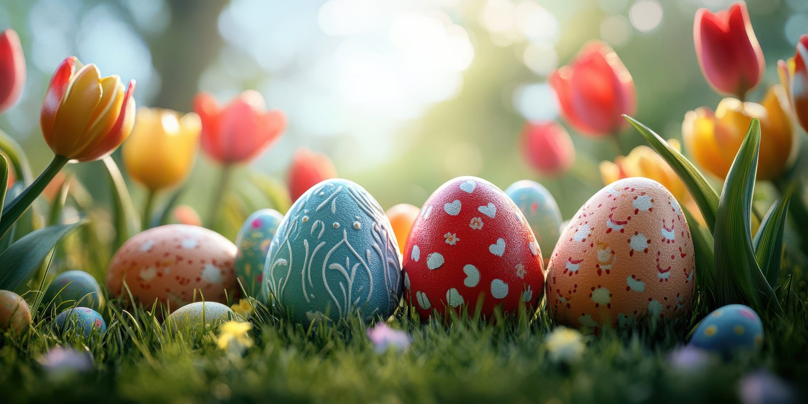 Colorful decorated Easter eggs surrounded by vibrant tulips in a sunny spring garden setting